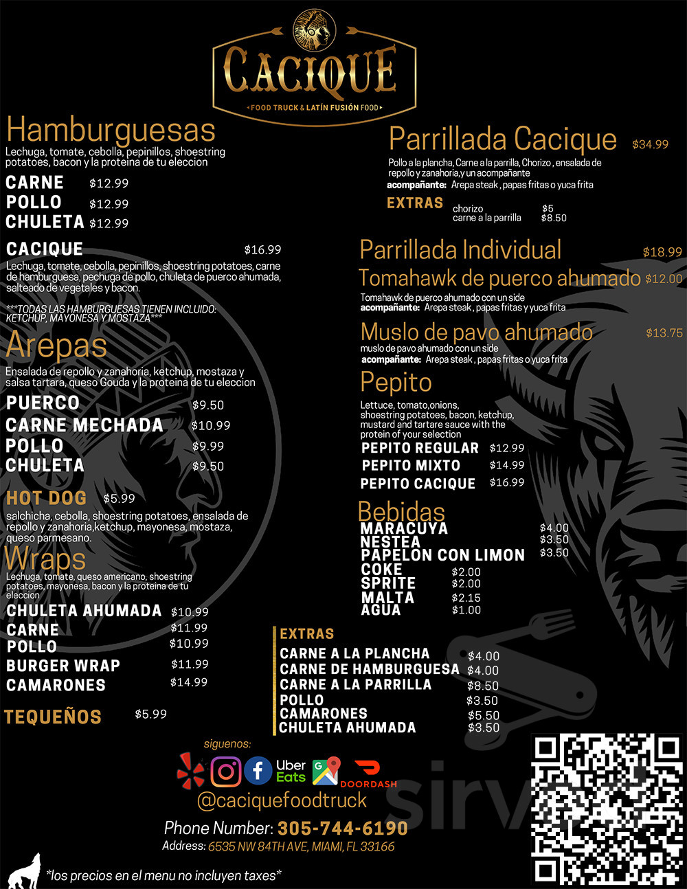 Cacique Food Truck menu in Miami, Florida, USA