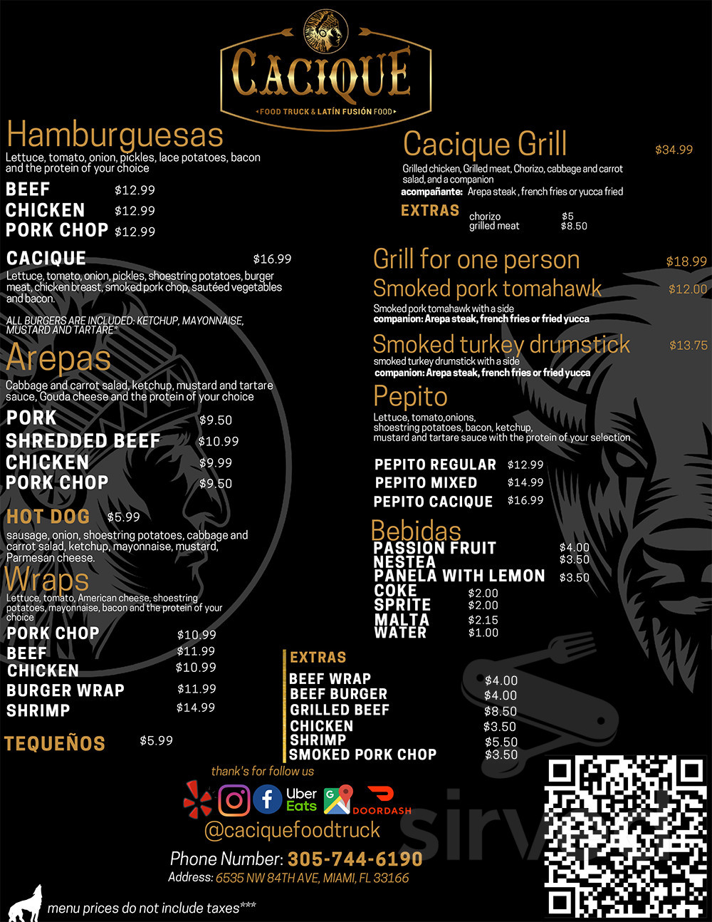 Cacique Food Truck menu in Miami, Florida, USA