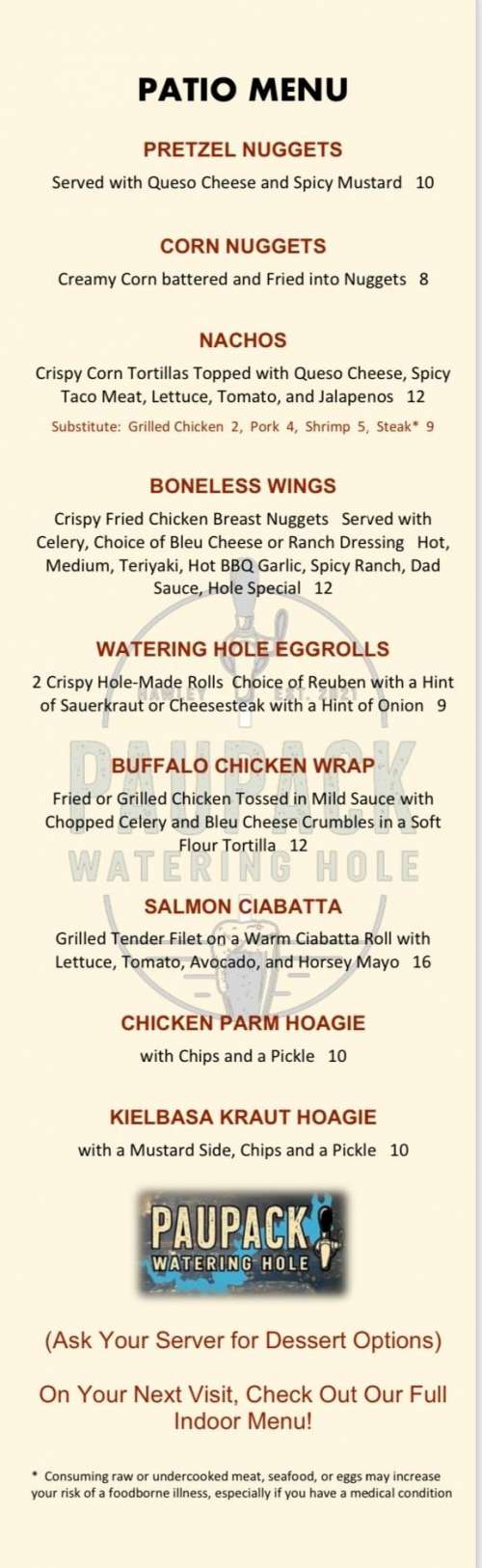 Paupack Watering Hole menu in Hawley, Pennsylvania, USA