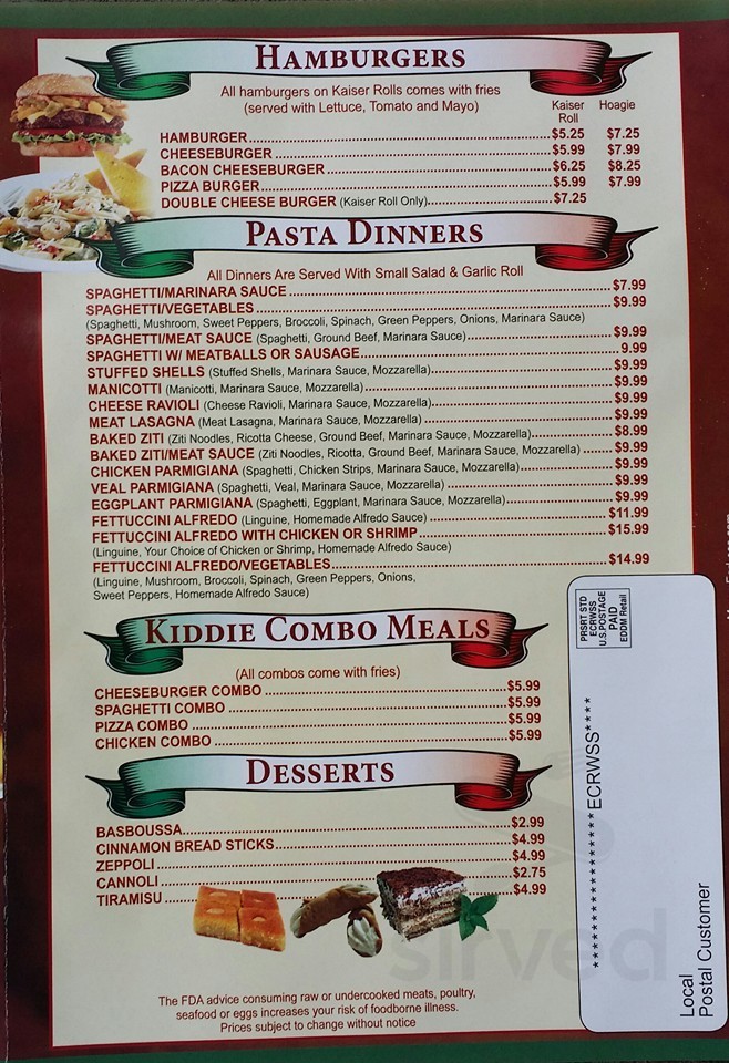 Pizzaiola menu in Leola, Pennsylvania