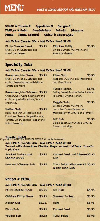 Wings N Things take out menu in Dexter, Michigan