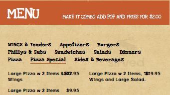 Wings N Things take out menu in Dexter, Michigan