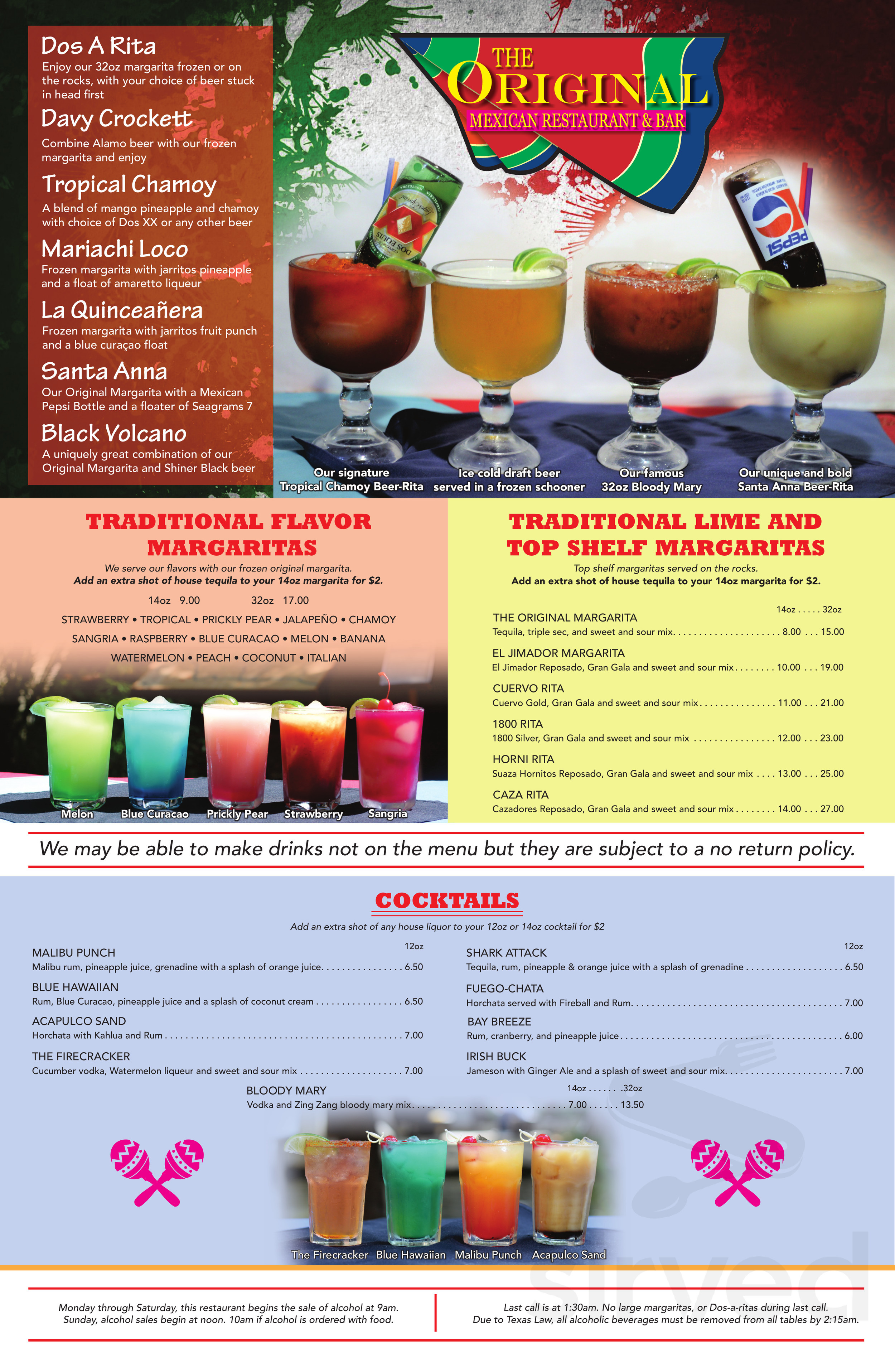 The Original Mexican Restaurant menu in San Antonio, Texas, USA