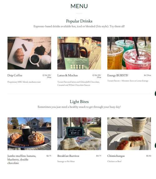 Main Street Coffee menu in Davenport, Iowa, USA