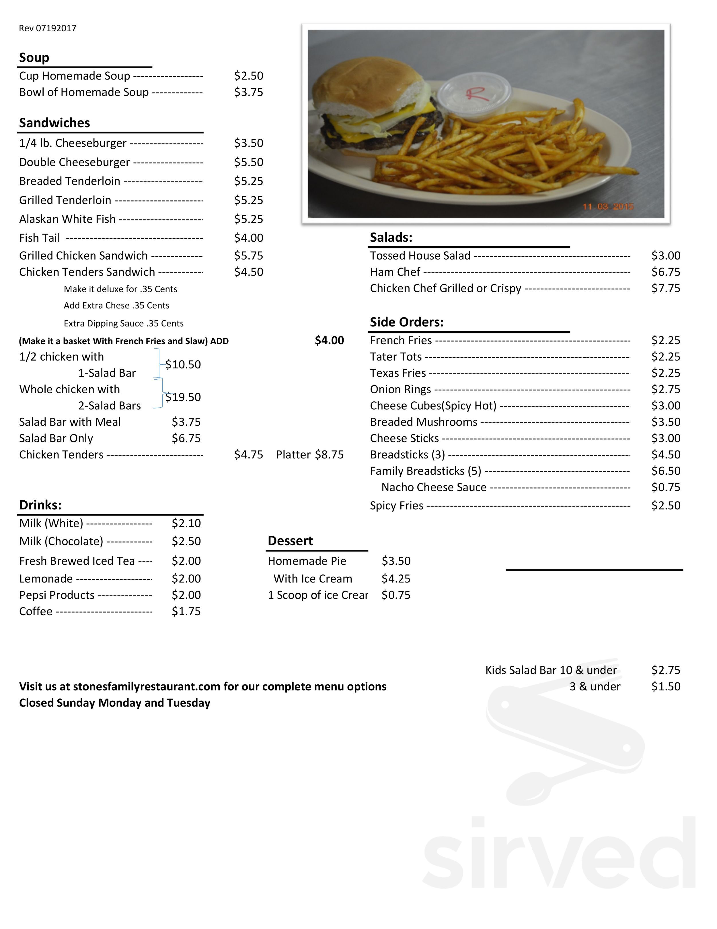 Stone's Family Restaurant, Millhousen menu in Greensburg, Indiana, USA