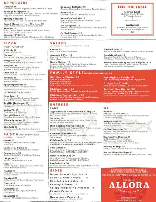 Allora menu in Bayside, New York, USA