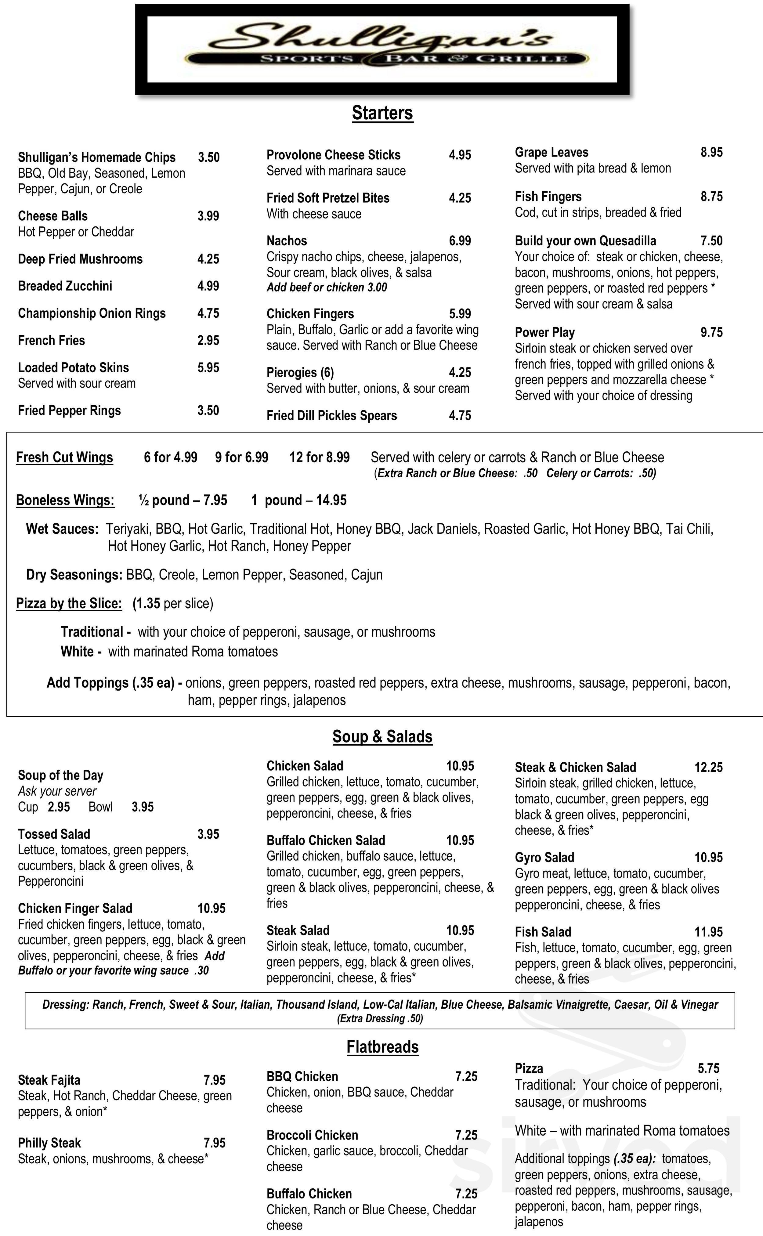 Shulligan's Sports Bar & Grill menus in Aliquippa, Pennsylvania, United