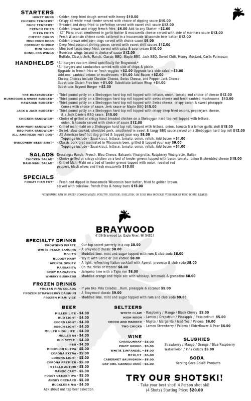 Braywood menu in Eagle River, Wisconsin, USA