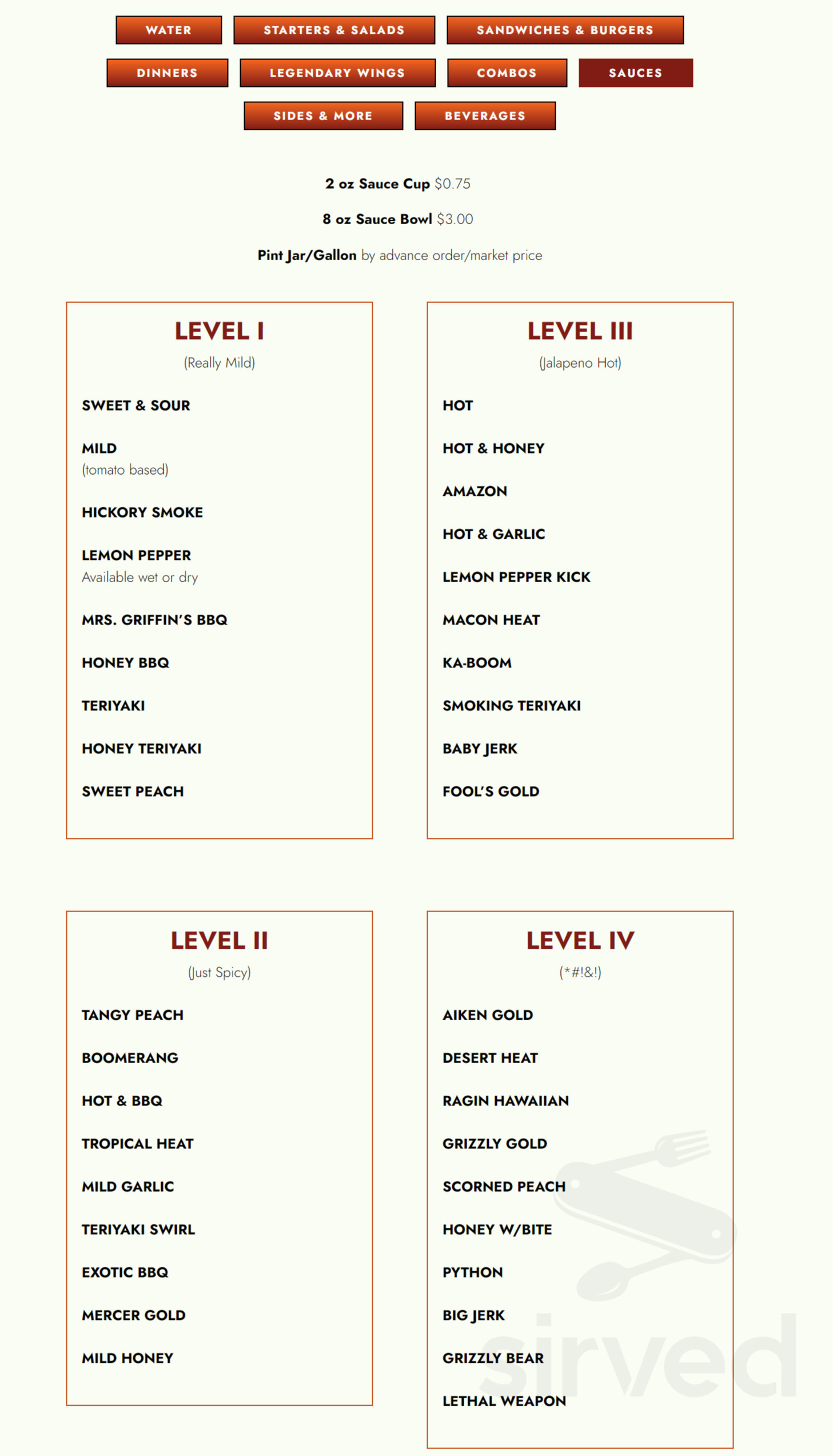 Francar's Buffalo Wings menu in Macon, USA