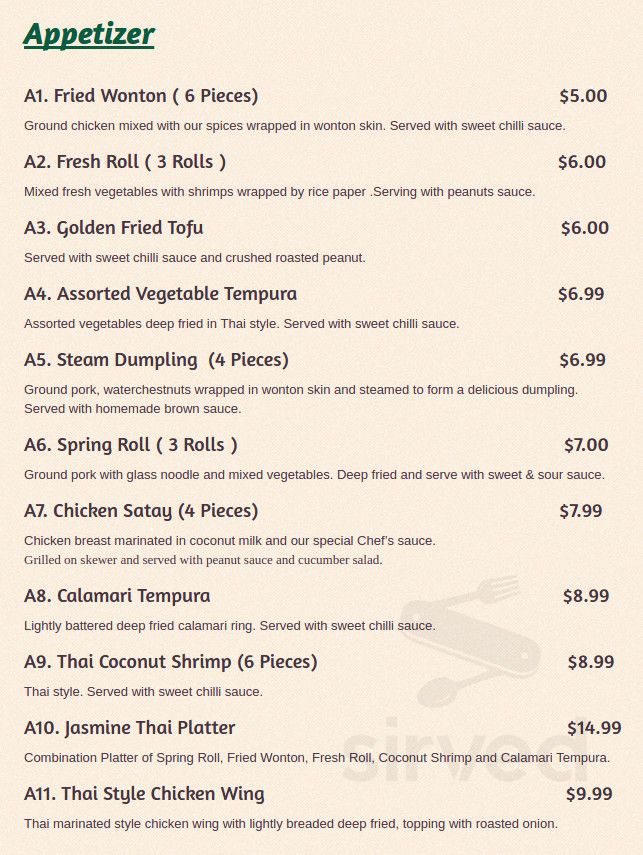 Menu Destin FL's Jasmine Thai Sirved