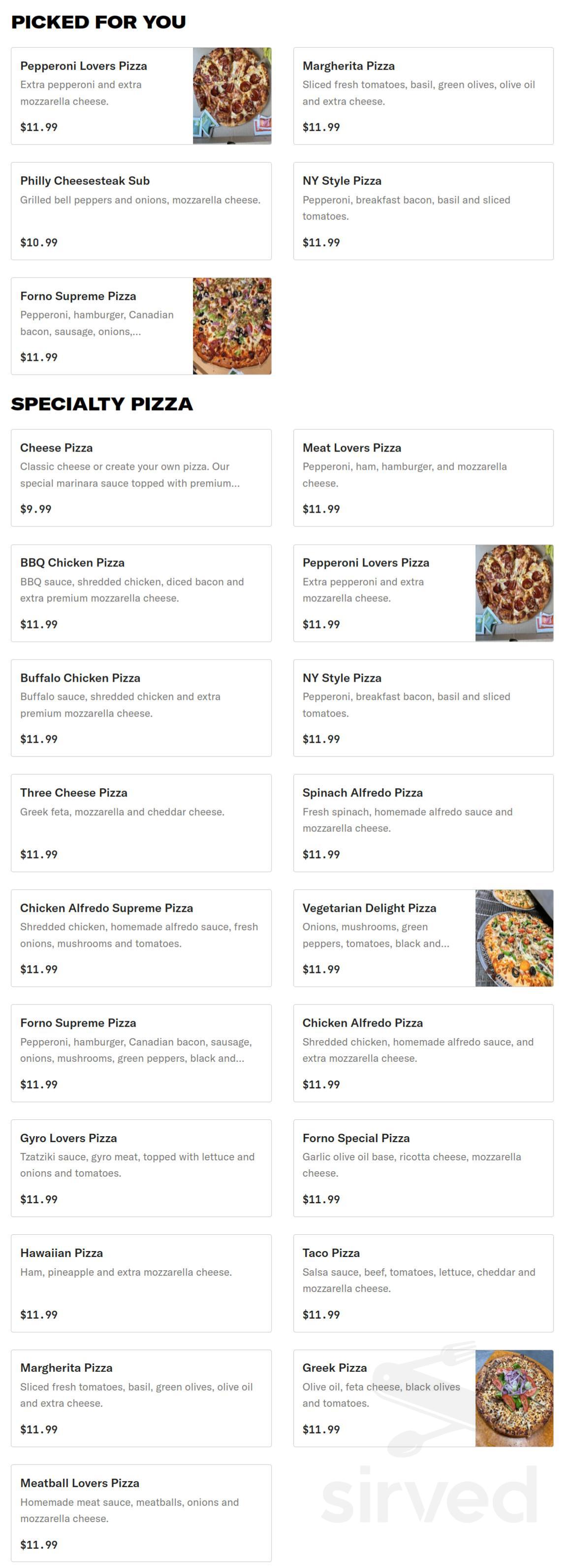 Forno pizzeria & Grill menu in Richardson, Texas, USA