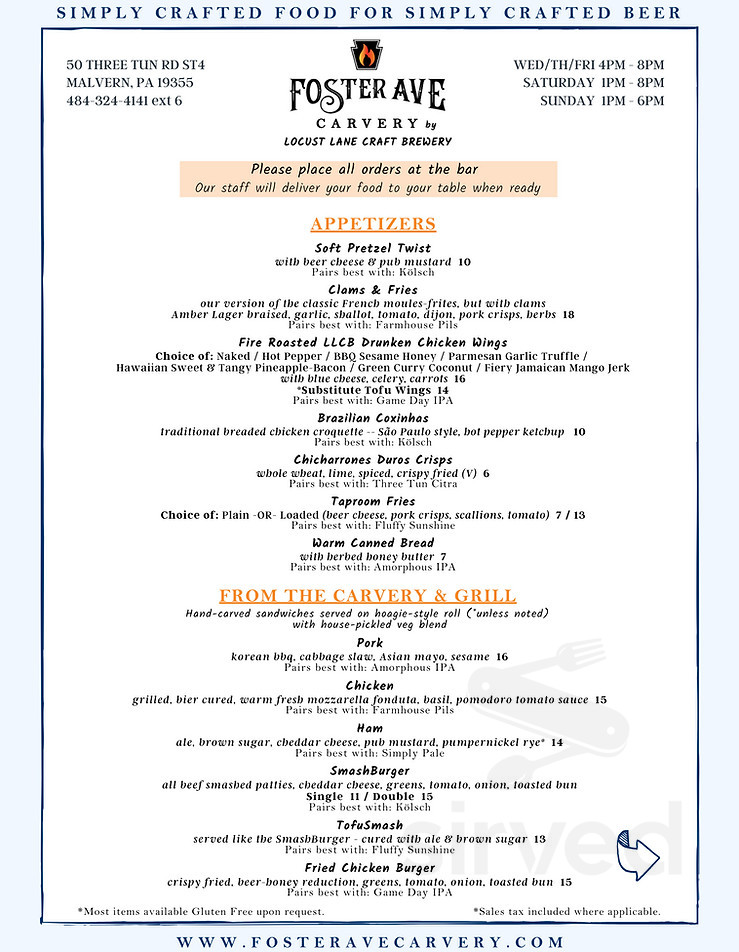 Foster Ave Carvery menus in Malvern, Pennsylvania, United States