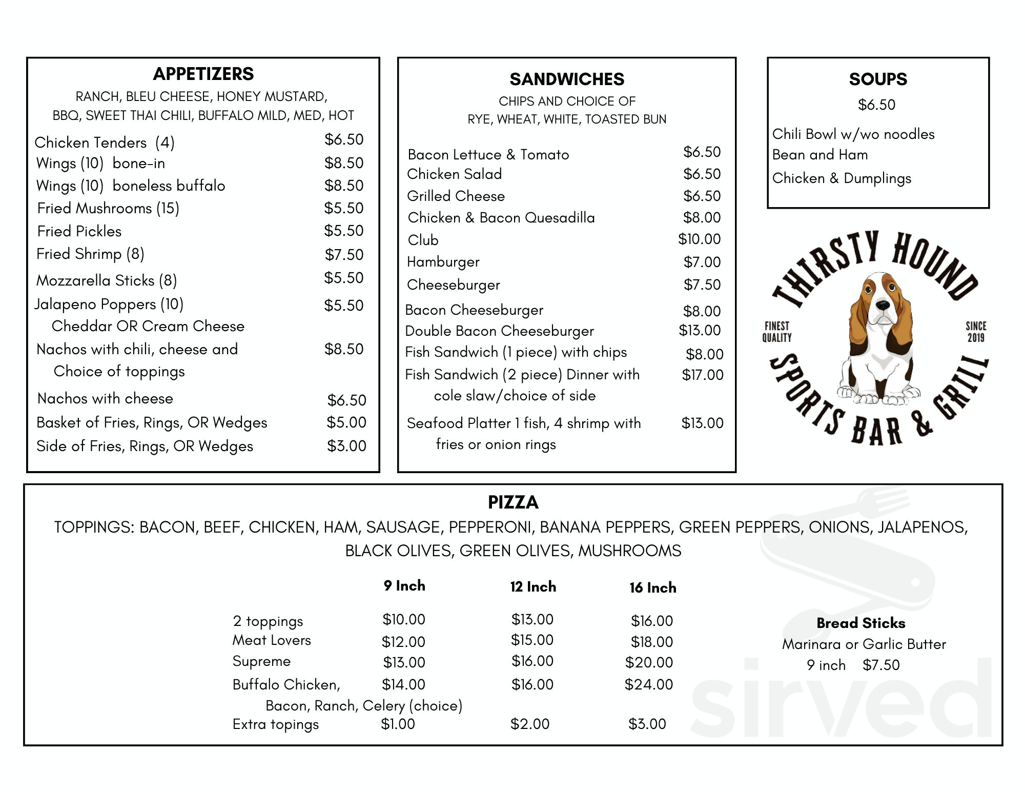 Menu - Louisville KY's The Thirsty Hound | Sirved