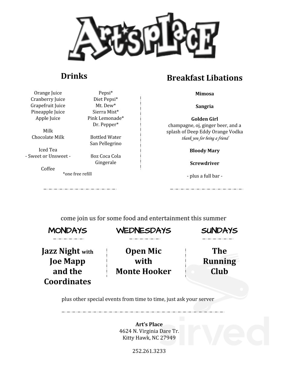 Art's Place menu in Kitty Hawk, North Carolina, USA