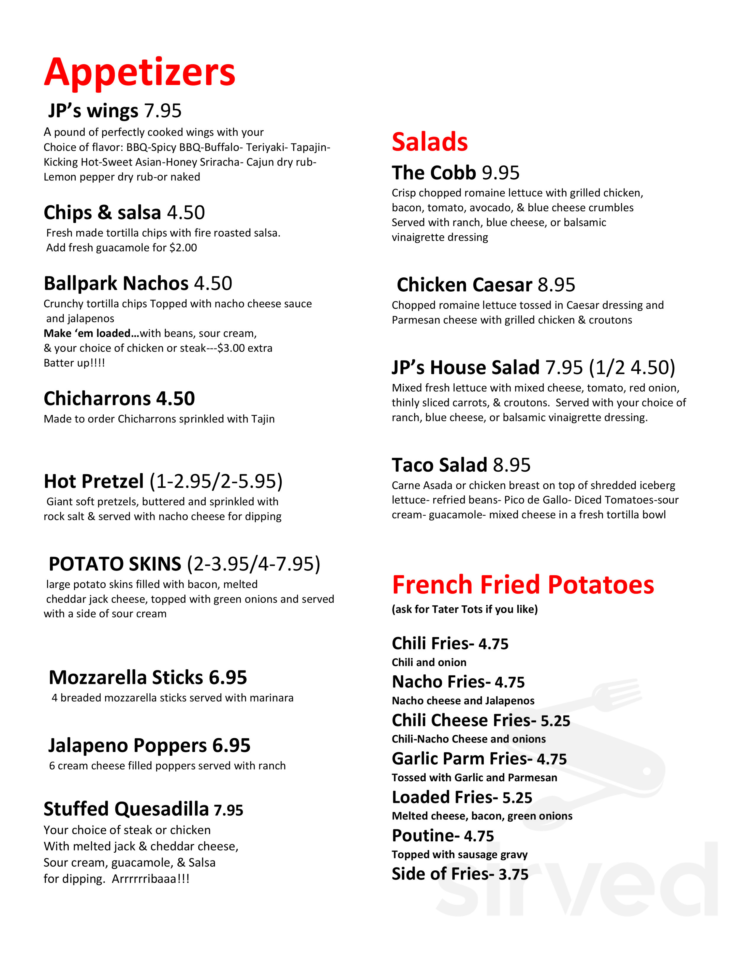 JP's Pub menu in San Diego, California, USA