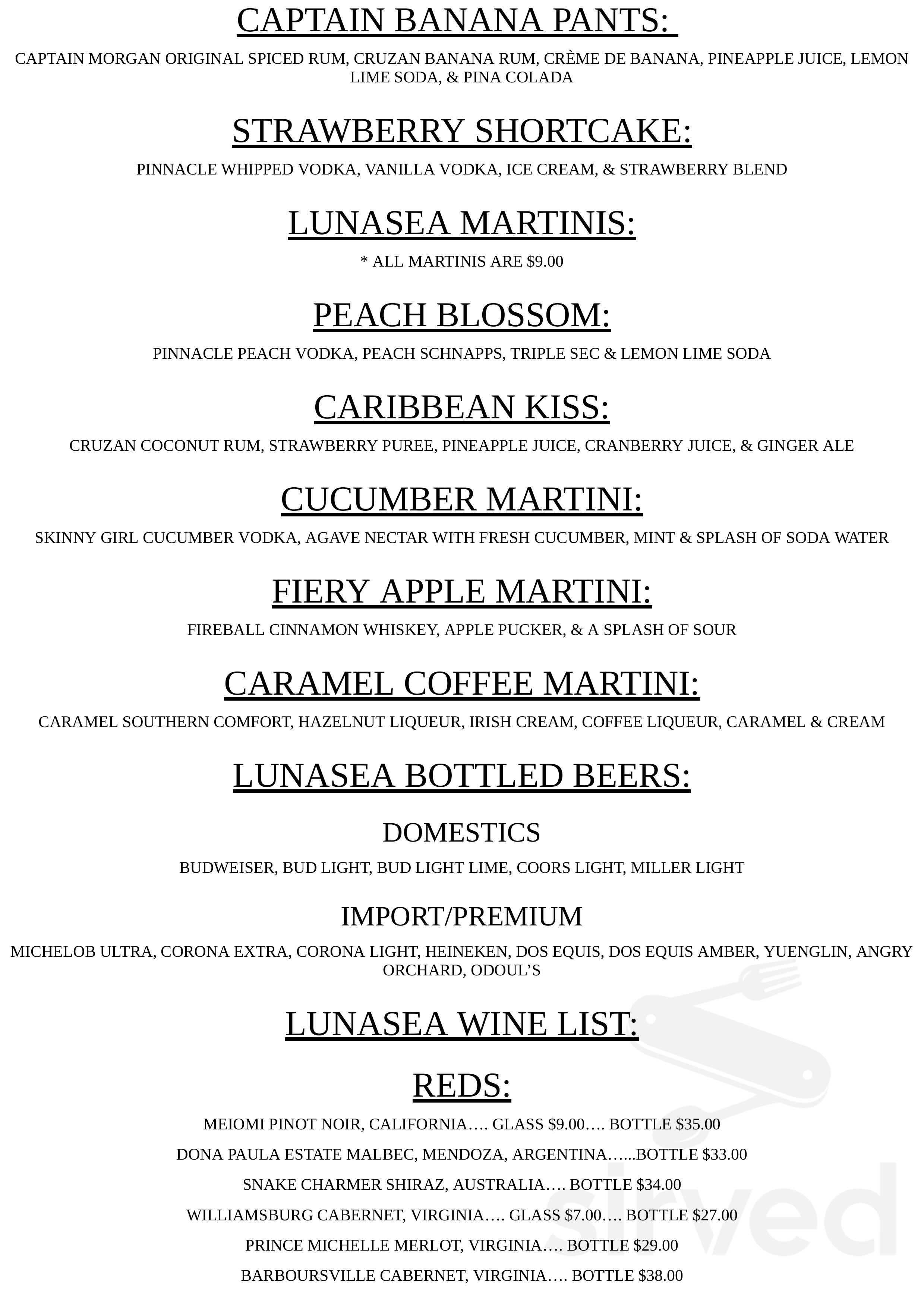 Lunasea menu in Virginia Beach, Virginia, USA