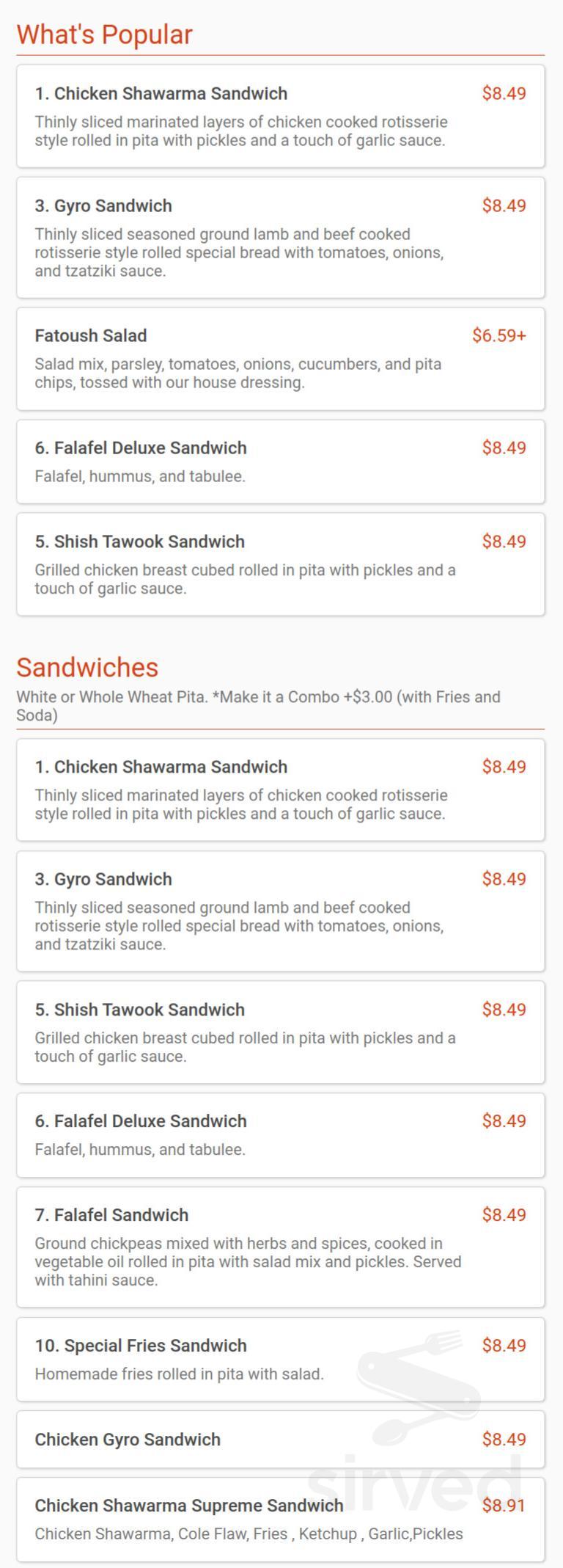 Shawarma Shop menu in Ann Arbor, Michigan, USA