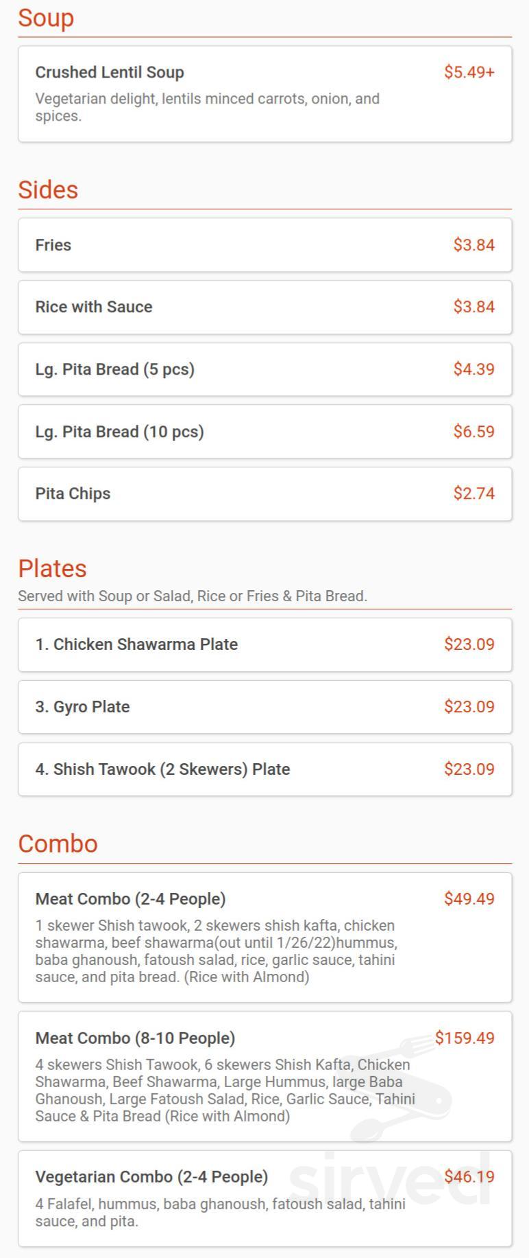 Shawarma Shop menu in Ann Arbor, Michigan, USA