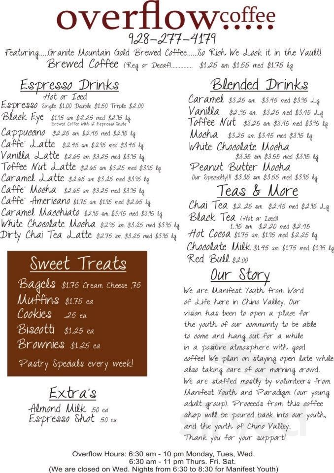 Overflow Coffee Menu - Chino Valley, Arizona | Sirved