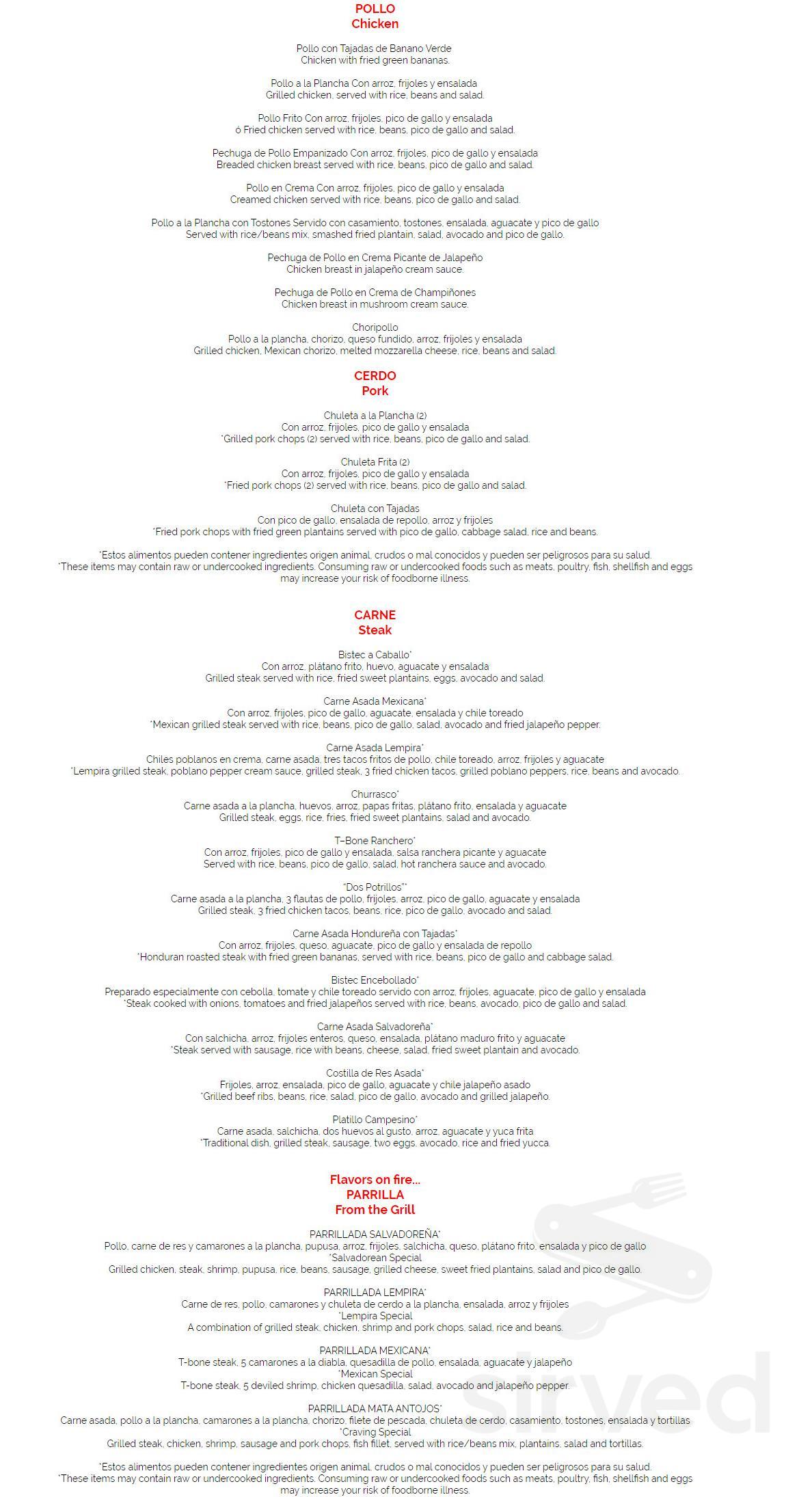 Lempira Restaurant menu in Charlotte, North Carolina, USA