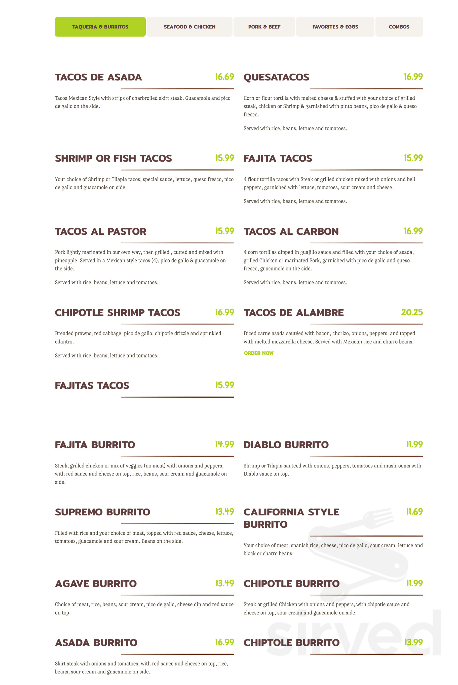Agave Fresh Mex Port Orange Restaurant menu in Port Orange, Florida, USA