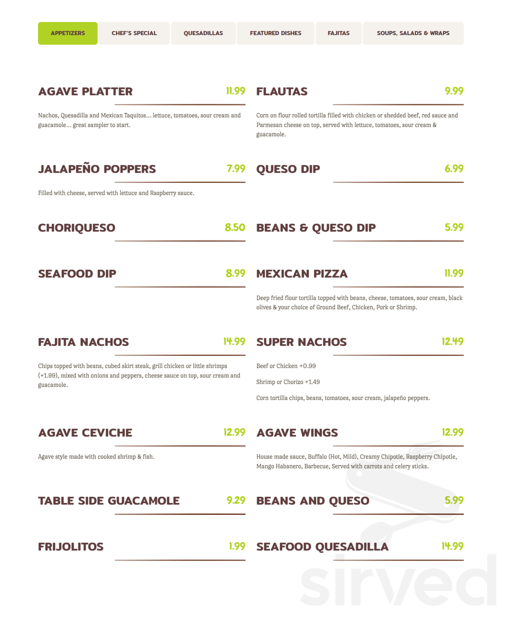 Agave Fresh Mex Port Orange Restaurant menu in Port Orange, Florida, USA