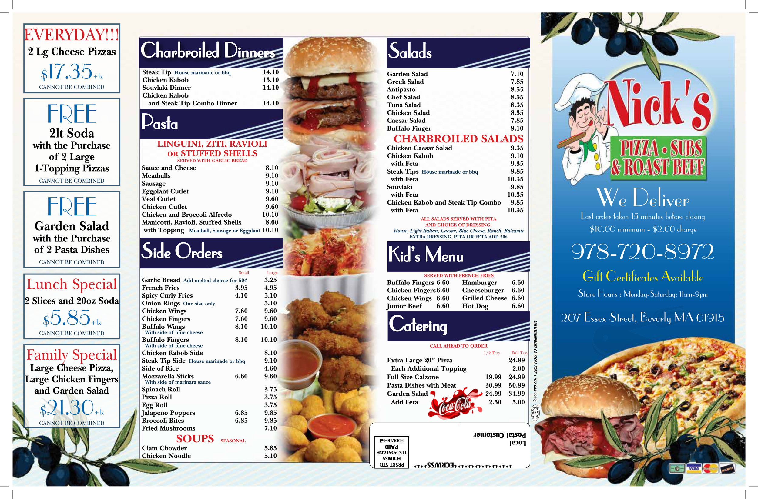 Menu - Beverly MA's Nick’s Pizza, Subs & Roast Beef | Sirved