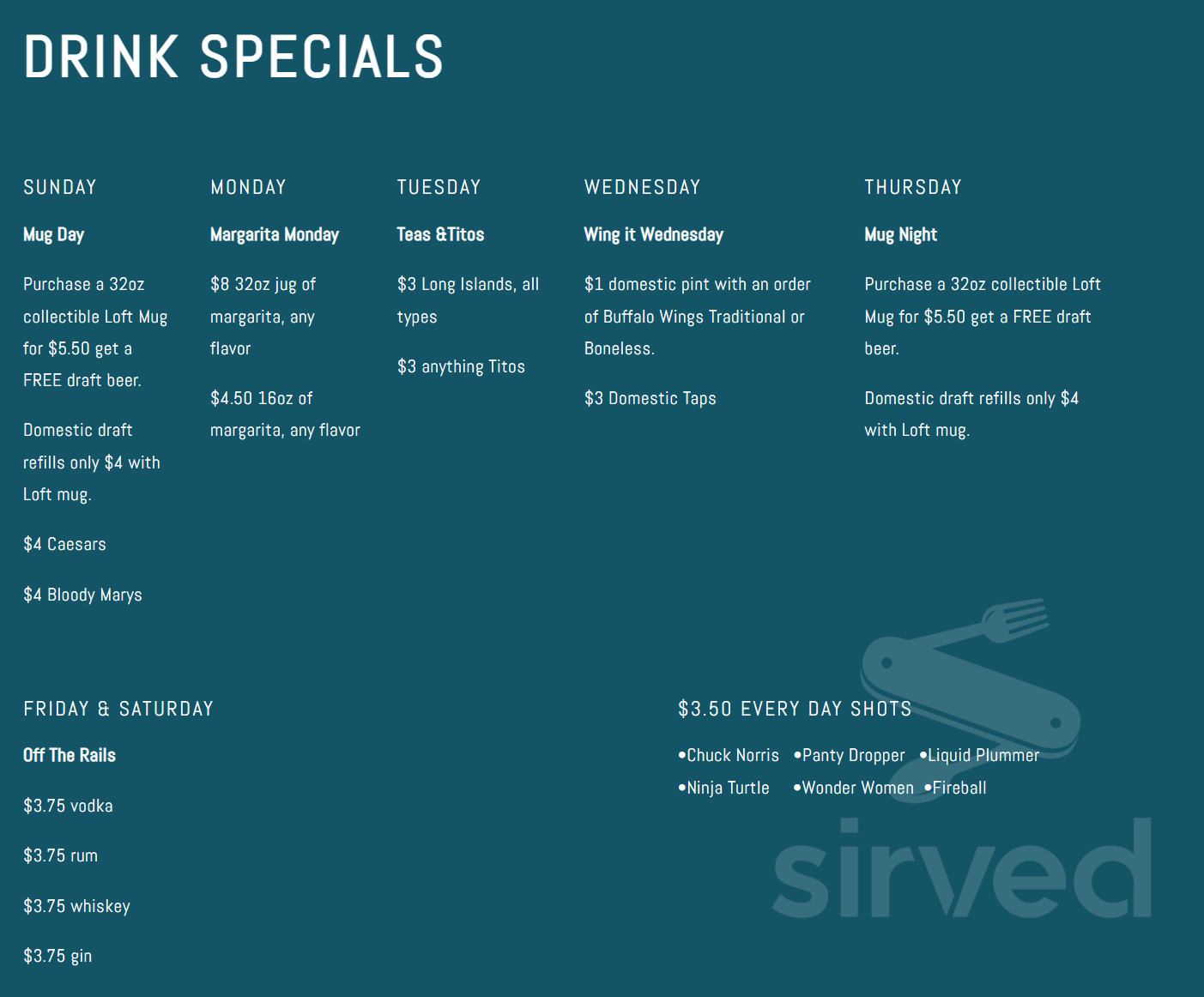 The Loft menu in Grand Forks, North Dakota, USA