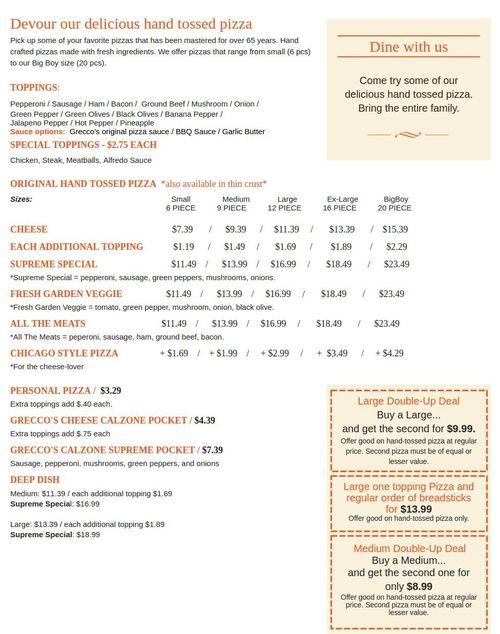 Grecco's Pizza Judah menu in Bedford, Indiana, USA