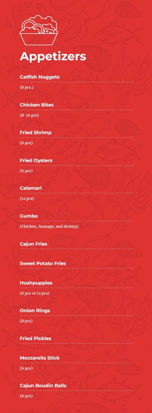 New Orleans Crab Shack menu in Plano, Texas, USA