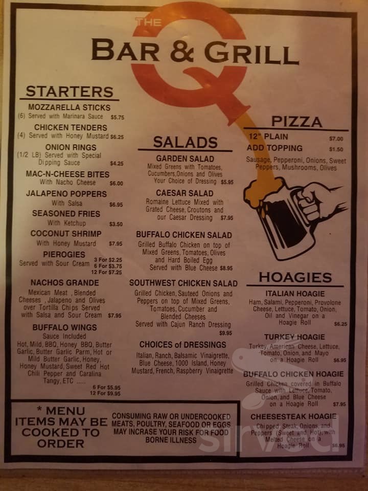 Menu Hazleton PA's The Q Sports Bar & Grill Sirved