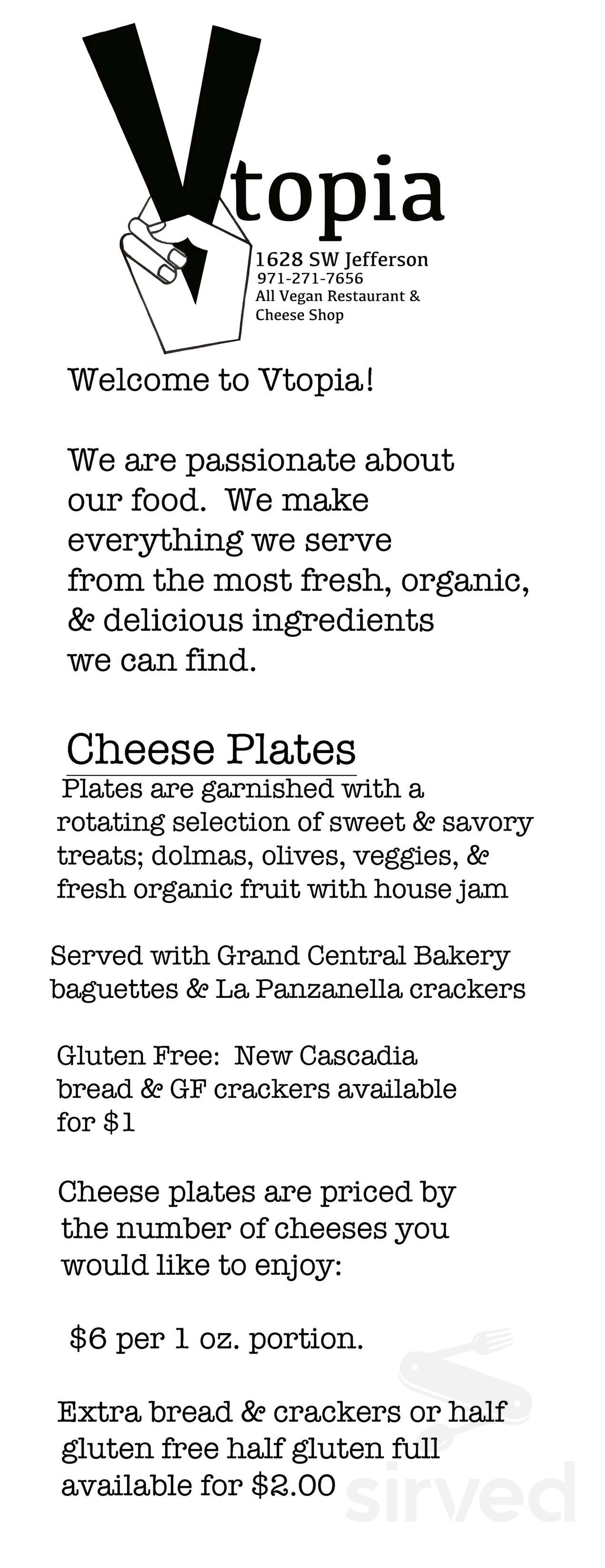 Vtopia All Vegan Restaurant & Cheese Shop menu in Portland, Oregon