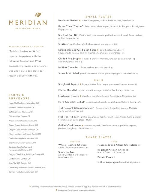 Meridian Restaurant & Bar menu in Cloverdale, Oregon, USA
