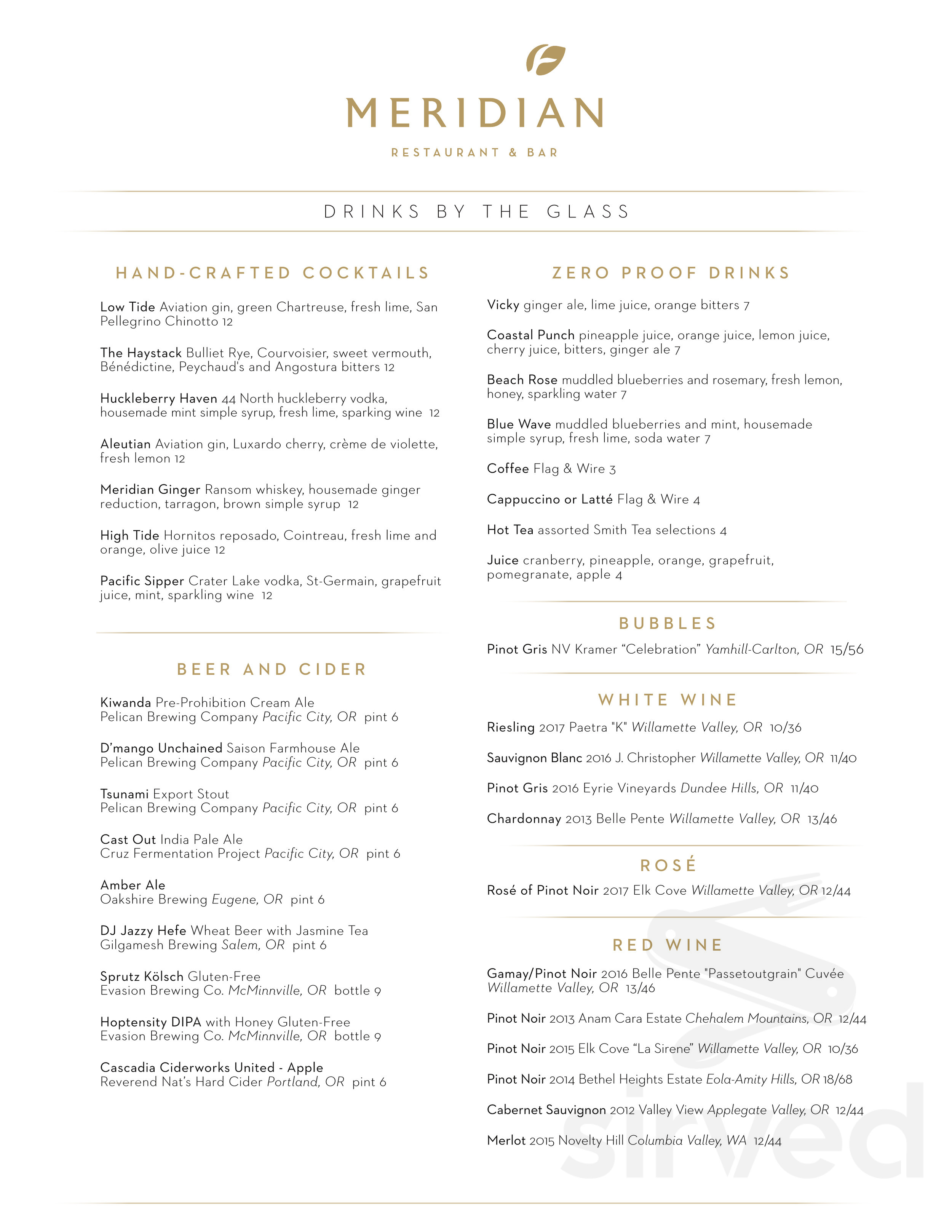 Meridian Restaurant & Bar menu in Cloverdale, Oregon, USA
