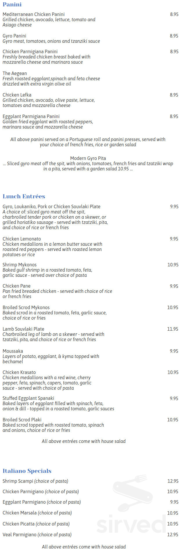 Mykonos Mediterranean Restaurant lunch menu in Newington, Connecticut