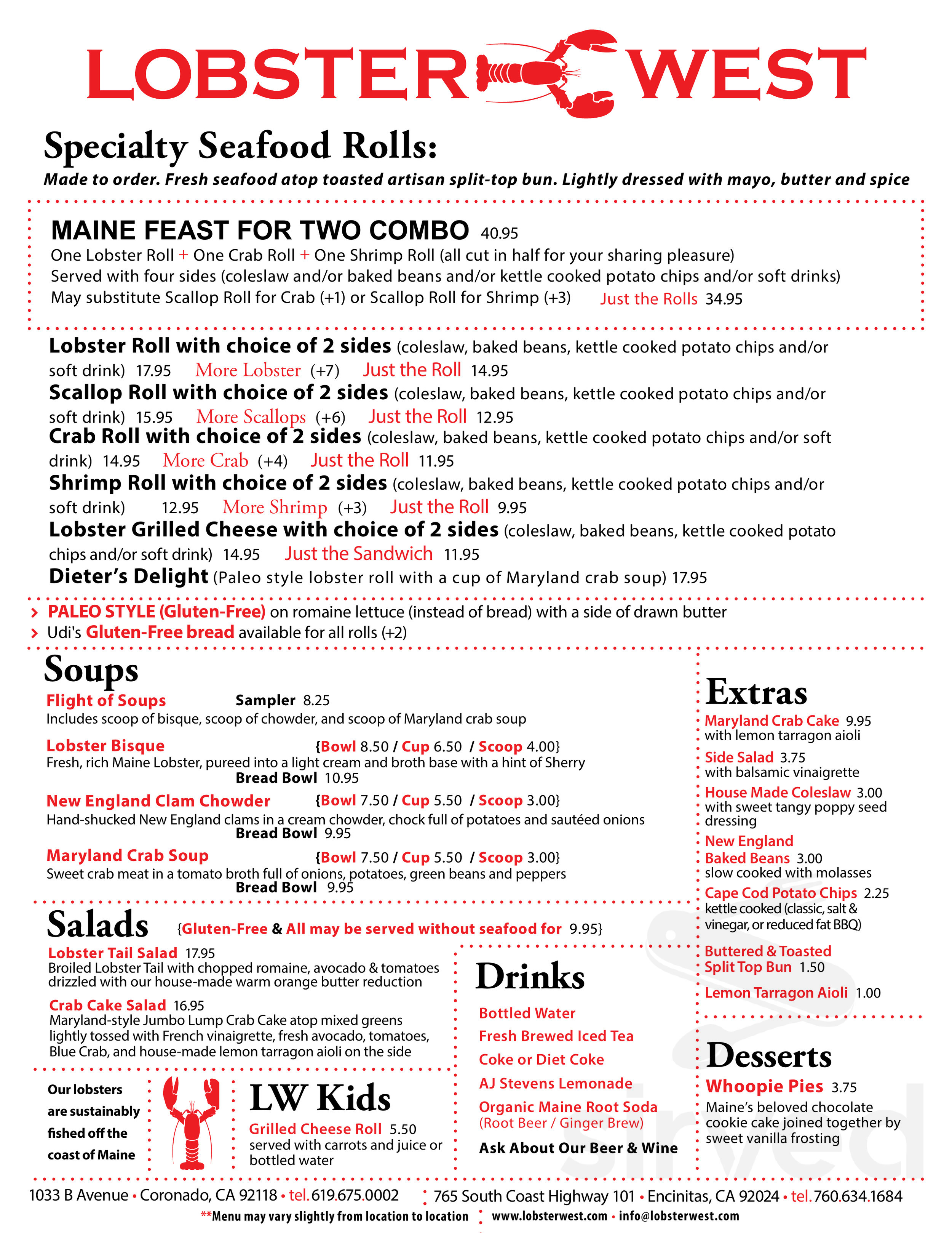 Menu La Jolla CA's Lobster West La Jolla Sirved