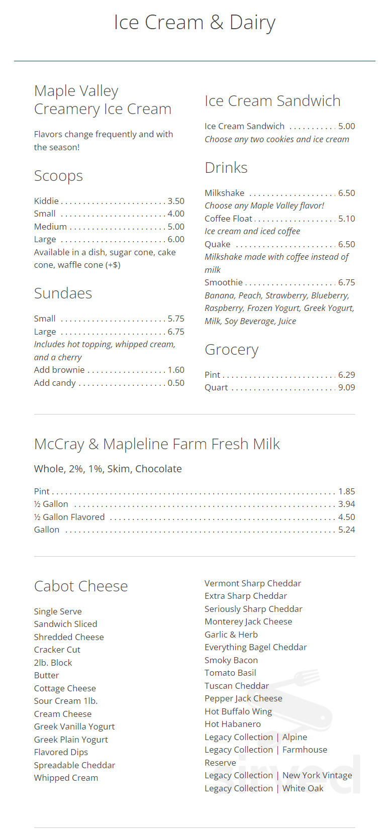 Barstow's Dairy Store and Bakery at Barstow's Longview Farm menu in