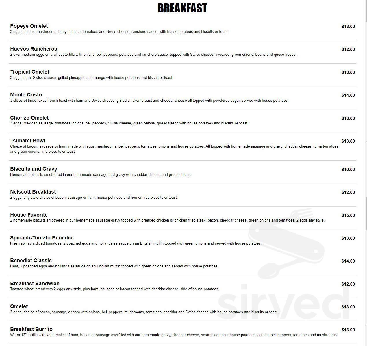 Nelscott Breakfast House menu in Lincoln City, Oregon, USA