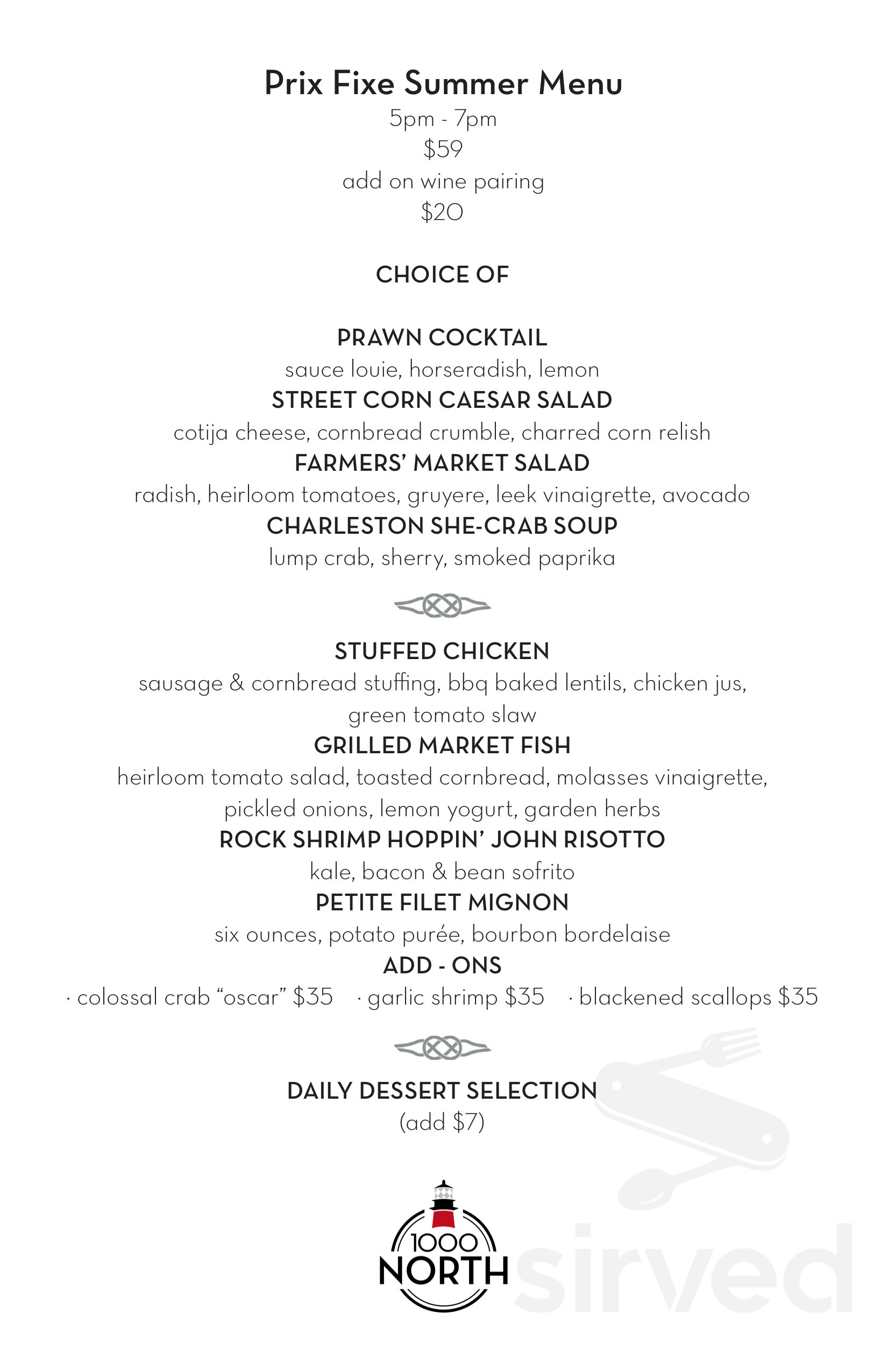 Menu for 1000 NORTH in Jupiter, FL | Sirved