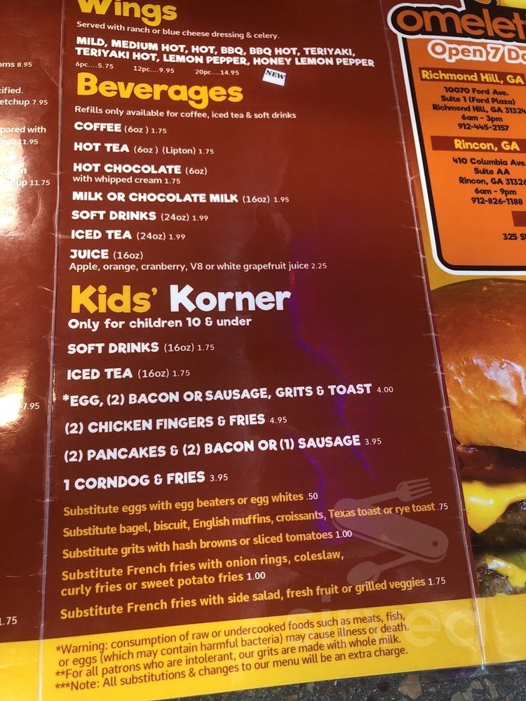 Menu for Omelette Café in Hinesville, United States