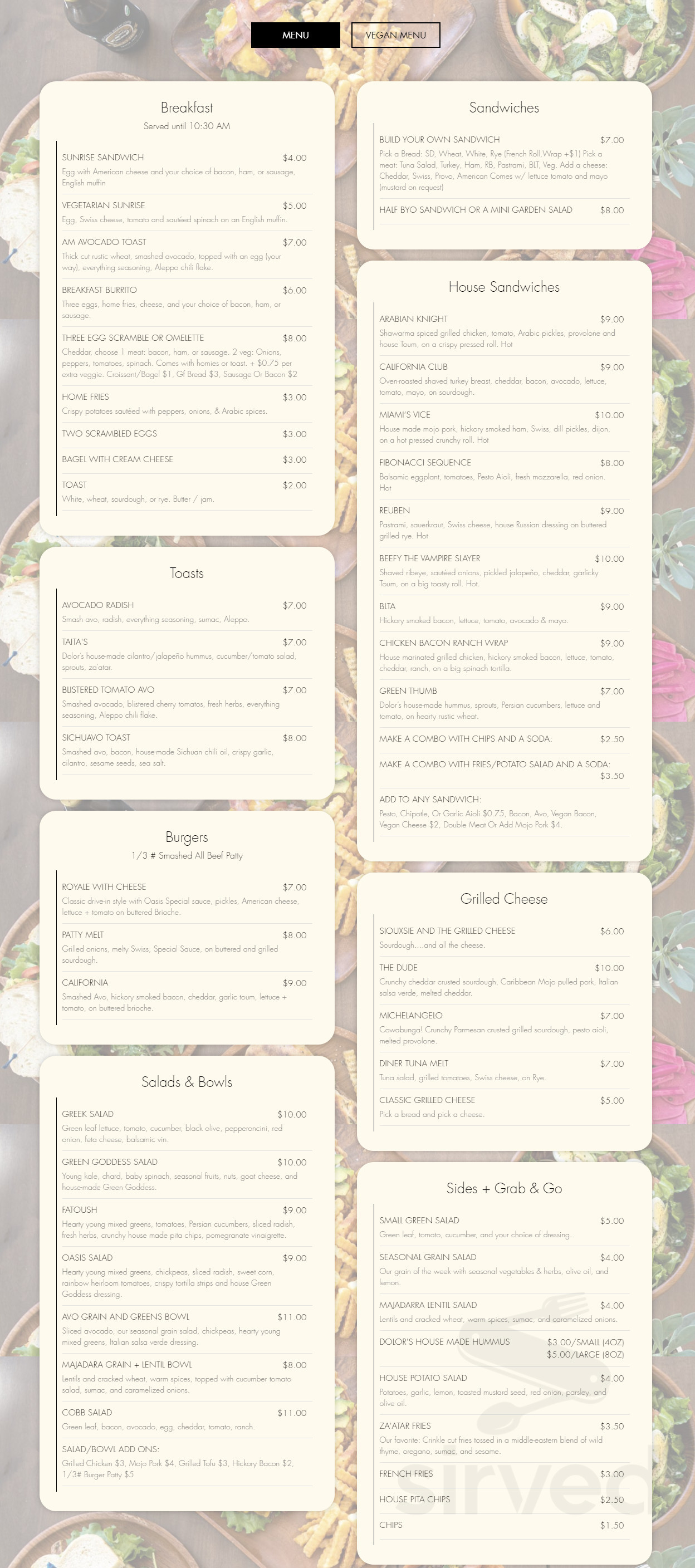 The Oasis Cafe menu in San Diego, California