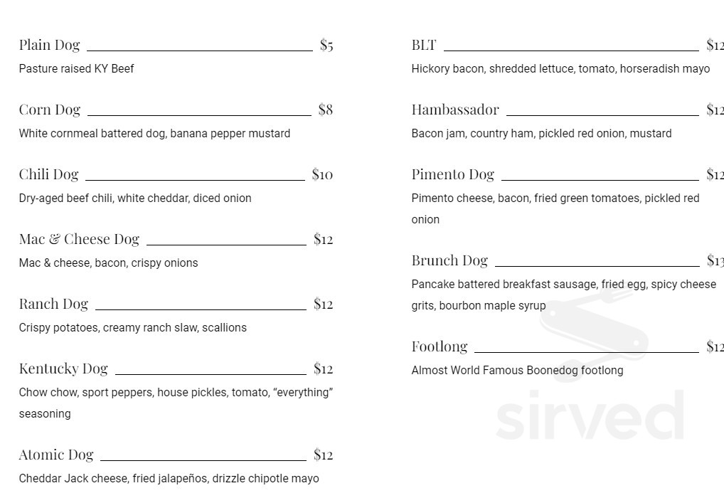 Boonedogs Bar & Restaurant menu in Lexington, Kentucky, USA