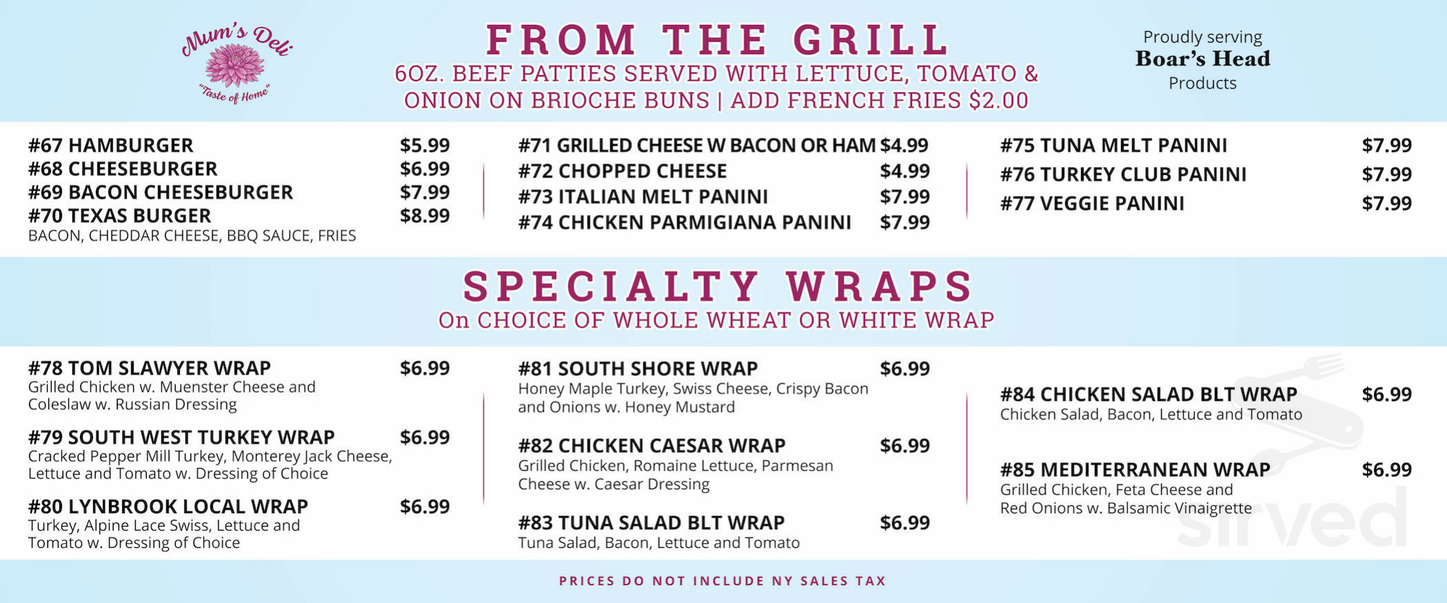 Mum's Deli menu in Lynbrook, New York, USA