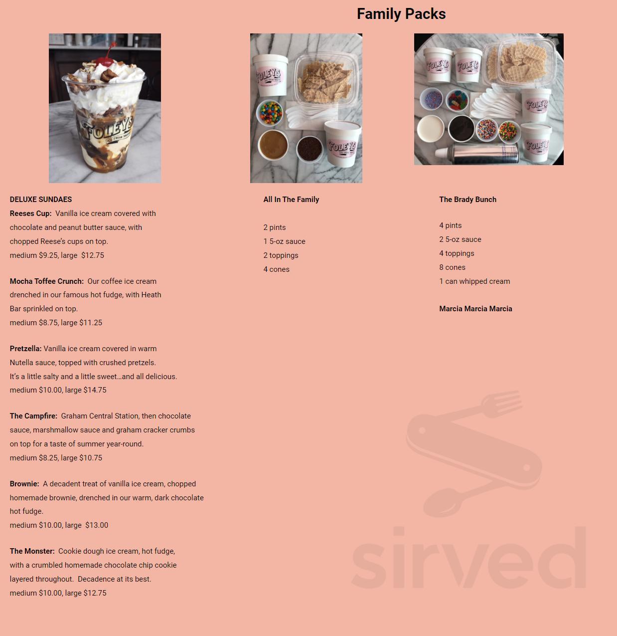 Foleys Ice Cream Shoppe menu in Braintree, Massachusetts, USA