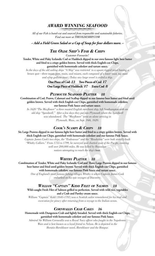 The Olde Ship menu in Fullerton, California, USA