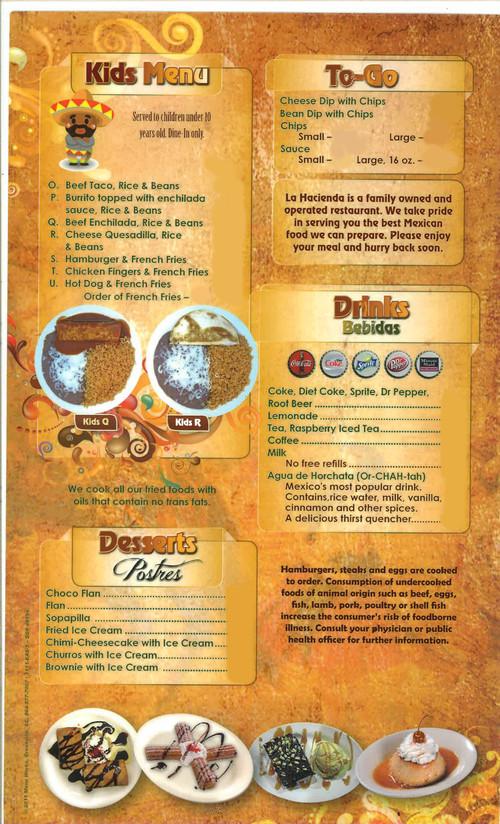 La Hacienda Mexican Restaurant menu in Pace, Florida, USA