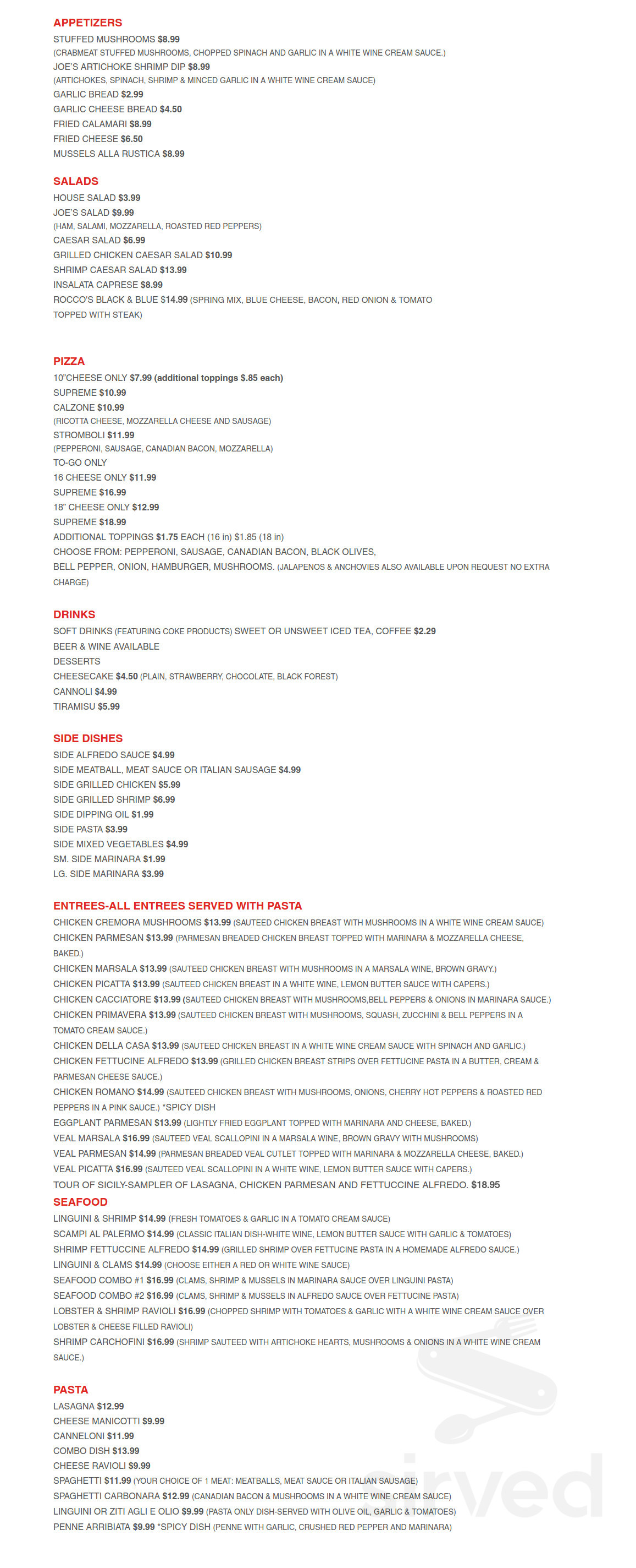 Joe's Pizza & Pasta menu in Victoria, Texas, USA