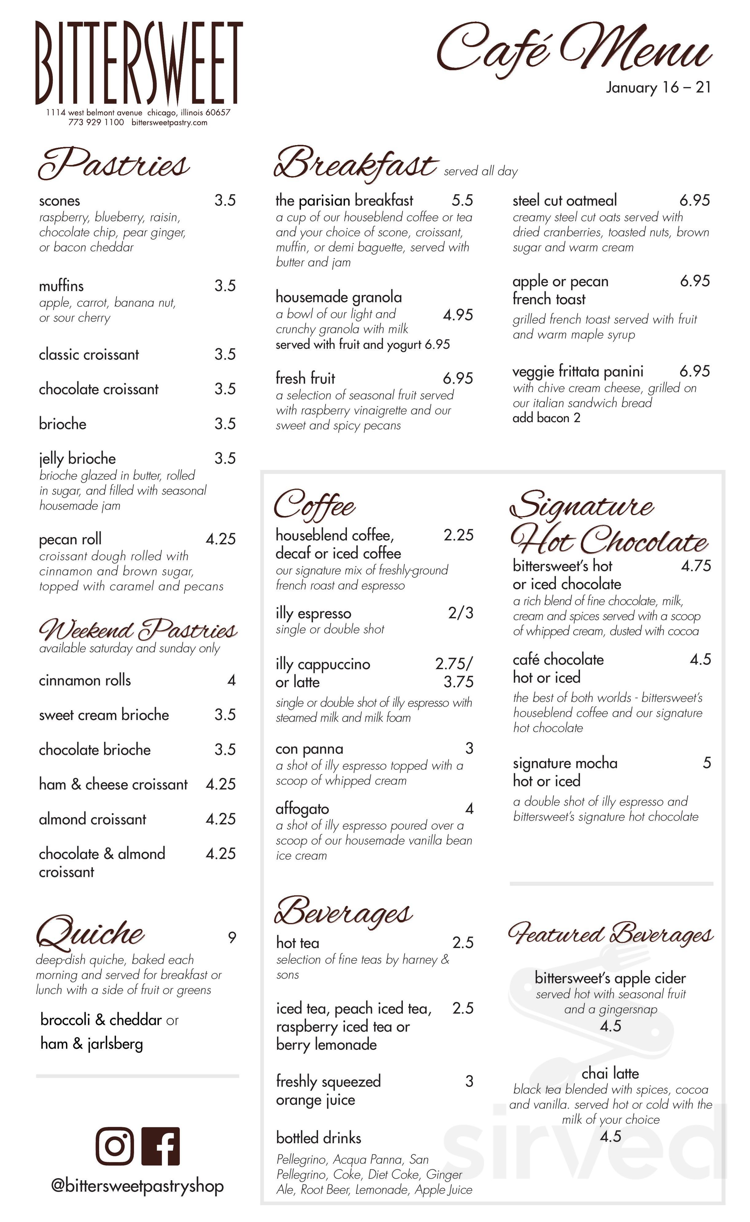 Bittersweet Pastry Shop & Cafe menu in Chicago, Illinois, USA