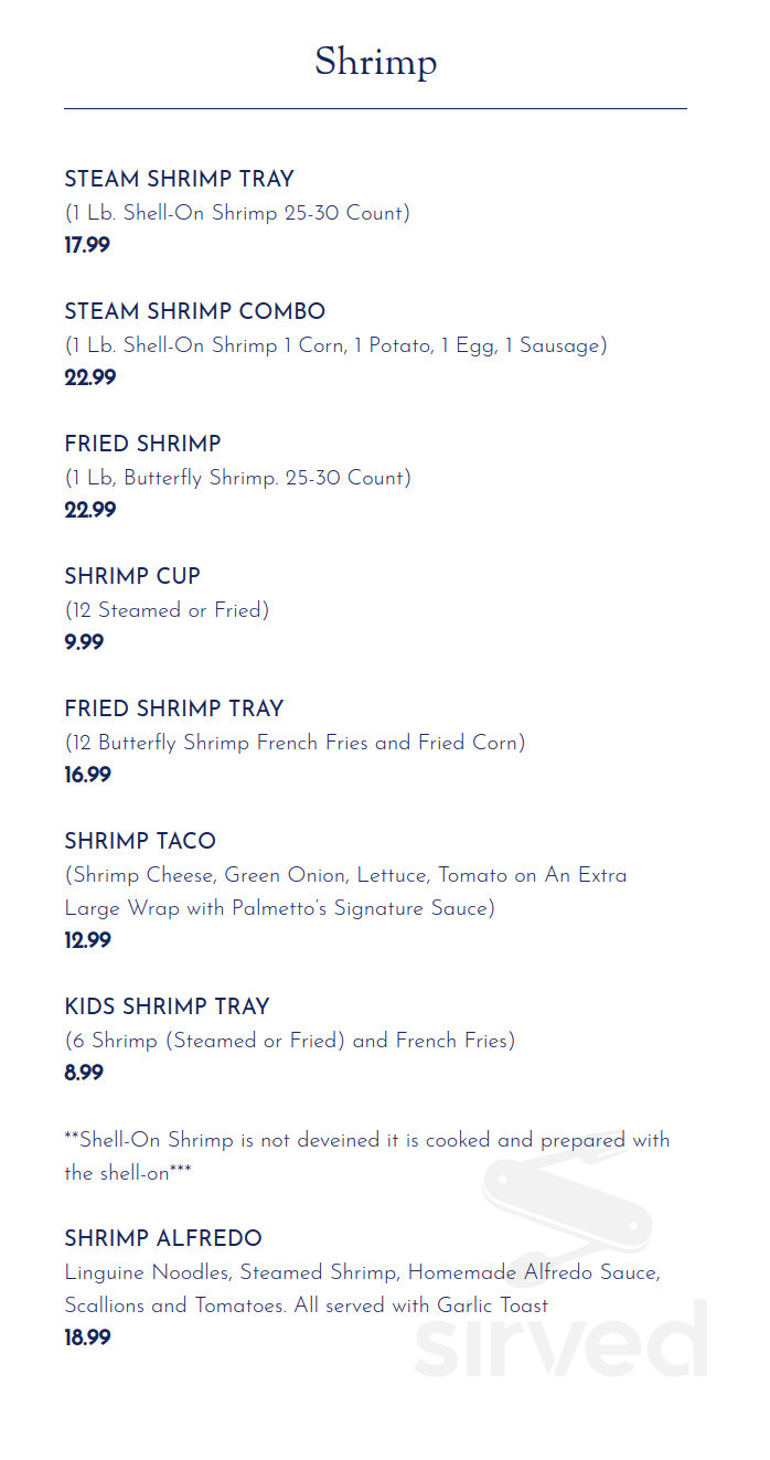 Menu - Johnston SC's Palmetto Seafood Bar and Grill | Sirved