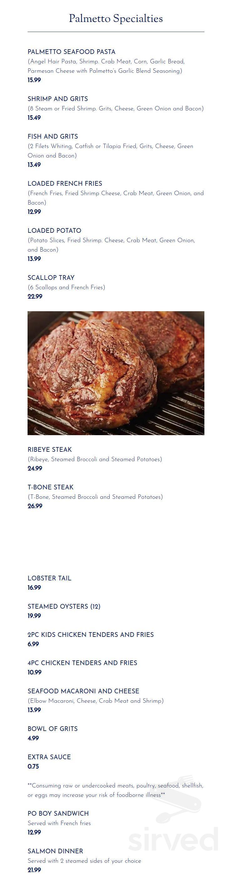 Menu - Johnston SC's Palmetto Seafood Bar and Grill | Sirved